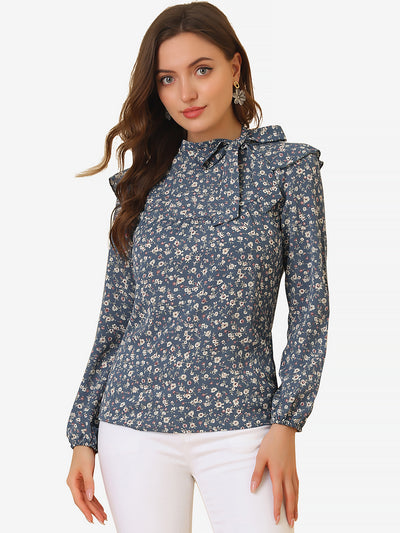 Bow Tie Neck Long Sleeve Floral Ruffled Blouse