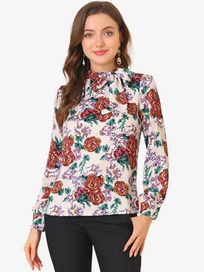 Bow Tie Neck Puff Sleeve Floral Elegant Work Top Blouse