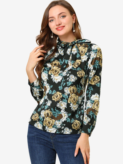 Bow Tie Neck Puff Sleeve Floral Elegant Work Top Blouse