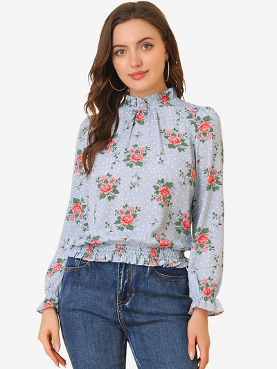 Ruffled Floral Printed Vintage Collared Smocked Waist Blouse