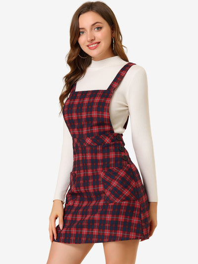 Plaid Tartan Button Decor A-Line Pinafore Overall Dress