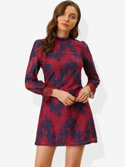 Allegra K Lace Floral Ruffle Crew Neck Cocktail Elegant Mini Dress