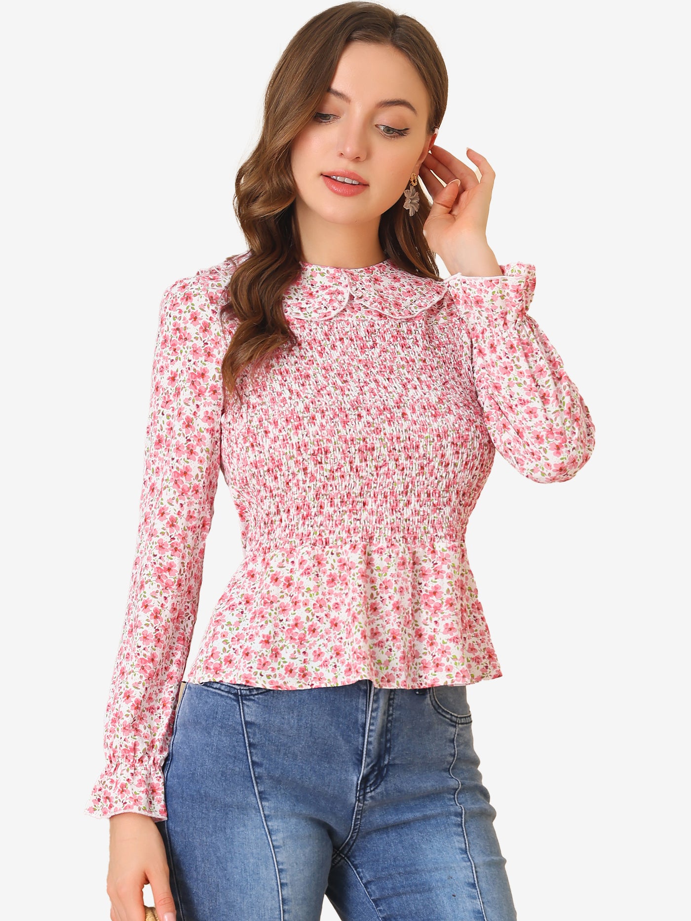 Allegra K Peter Pan Collar Long Sleeve Casual Chiffon Floral Smocked Top