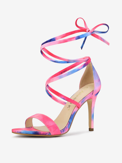 Elegant Open Toe Tie Dye Lace Up Stiletto Heel Sandals