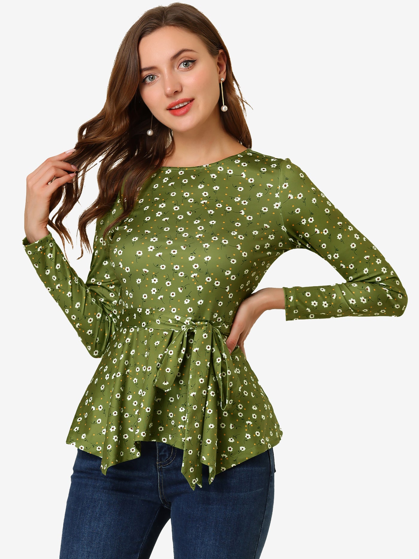 Allegra K Floral Long Sleeve Asymmetrical Ruffle Hem Belted Flare Peplum Tops