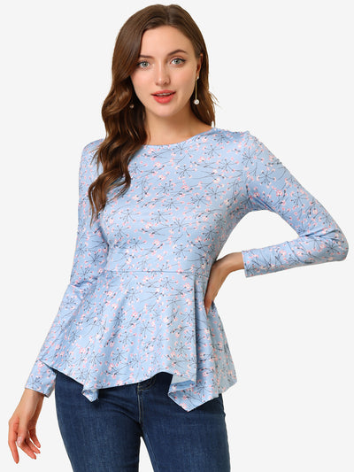 Floral Long Sleeve Asymmetrical Ruffle Hem Belted Flare Peplum Tops