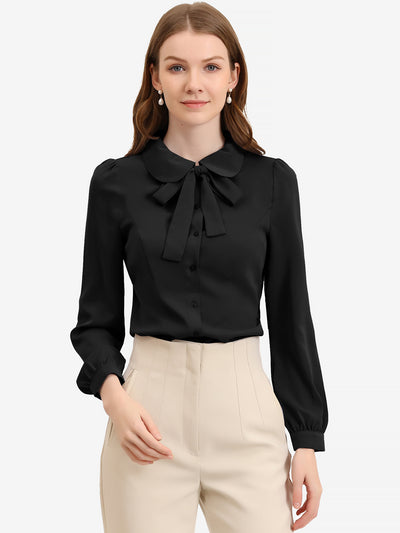 Peter Pan Collar Chiffon Bow Tie Neck Puff Sleeve Button Blouse