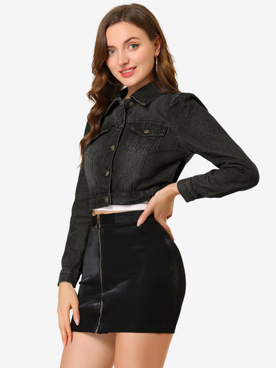 Allegra K Lightweight Button Down Puff Sleeve Cropped Denim Jacket