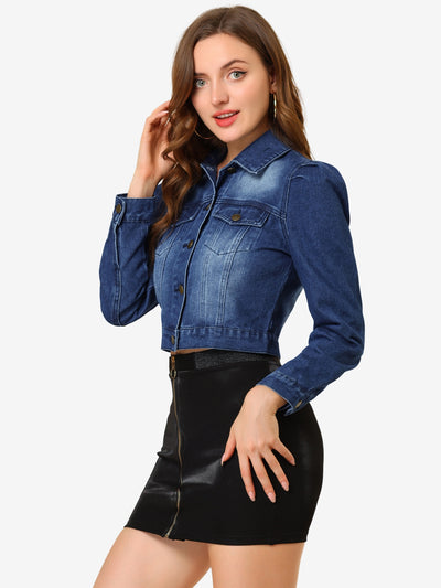 Lightweight Button Down Puff Sleeve Cropped Denim Jacket