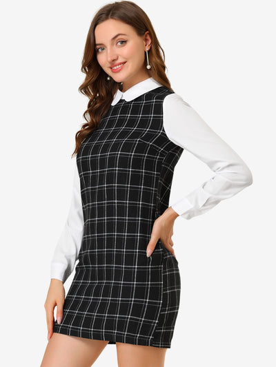 Contrast Peter Pan Collar Long Sleeve Shift Plaid Dress