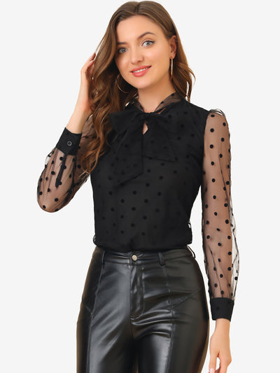 Tie Neck Polka Dots Semi Sheer Long Sleeve Blouse