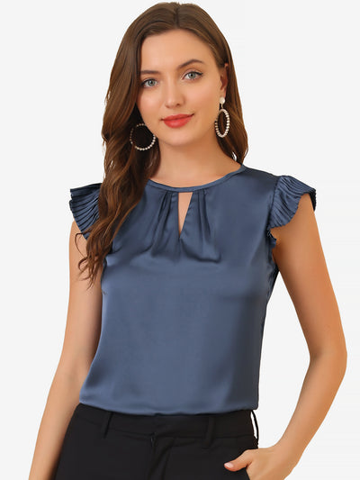 Satin Work Office Top Cut Out Keyhole Back Pleated Cap Sleeve Blouse