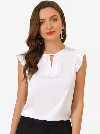 Satin Work Office Top Cut Out Keyhole Back Pleated Cap Sleeve Blouse