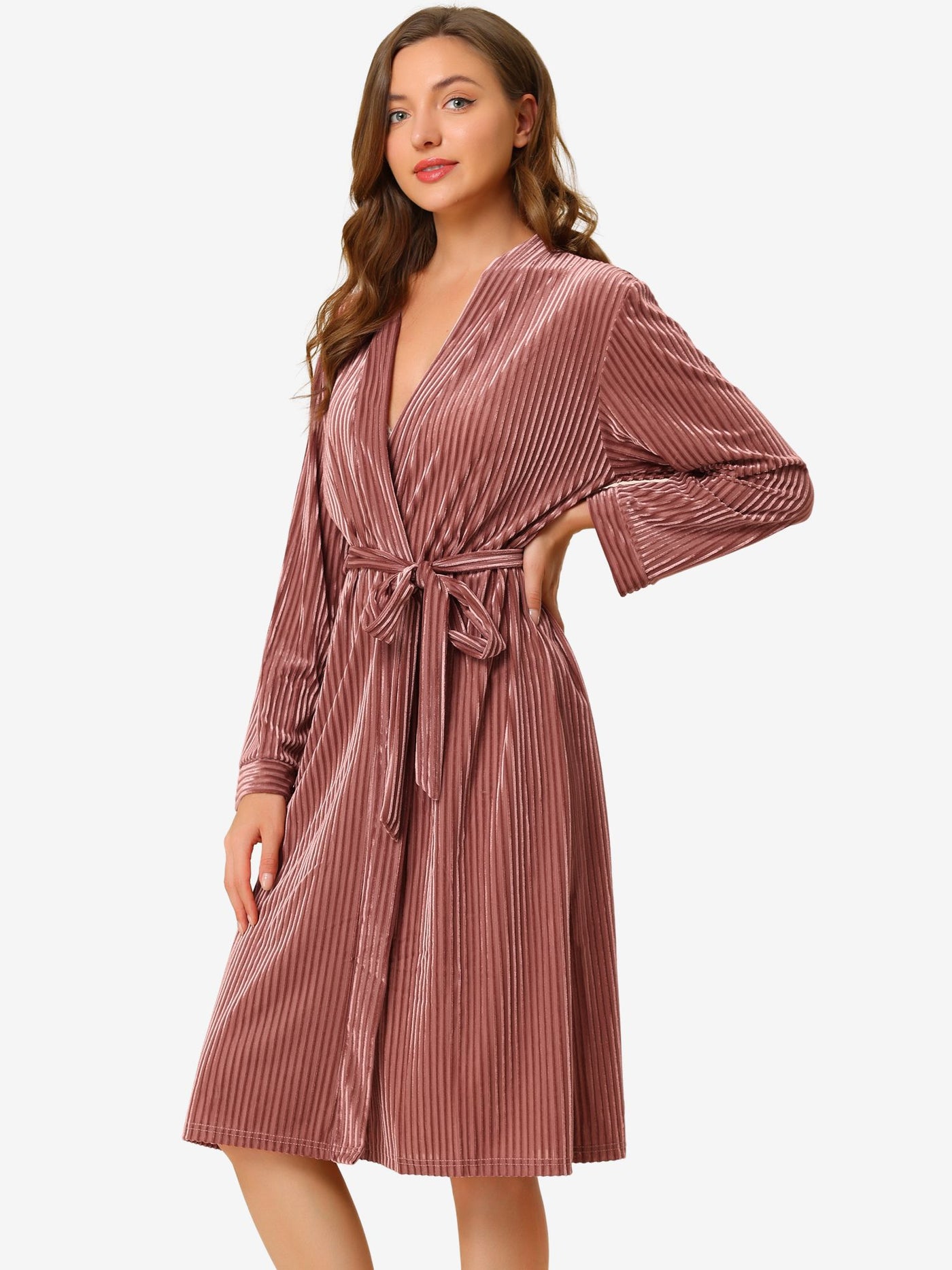 Allegra K Velvet Bathrobe Soft Lounge Pajamas Sleepwear Tie Waist Flannel Robe