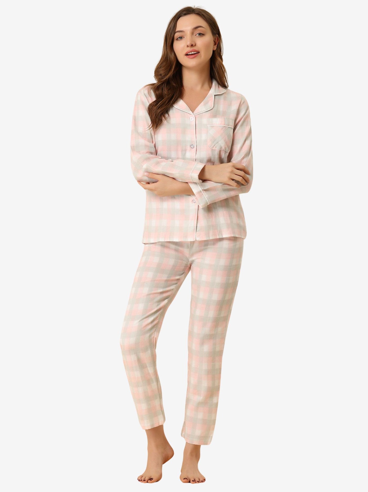 Allegra K Sleepwear Pajama Night Suit Plaid Button Down Lounge Set