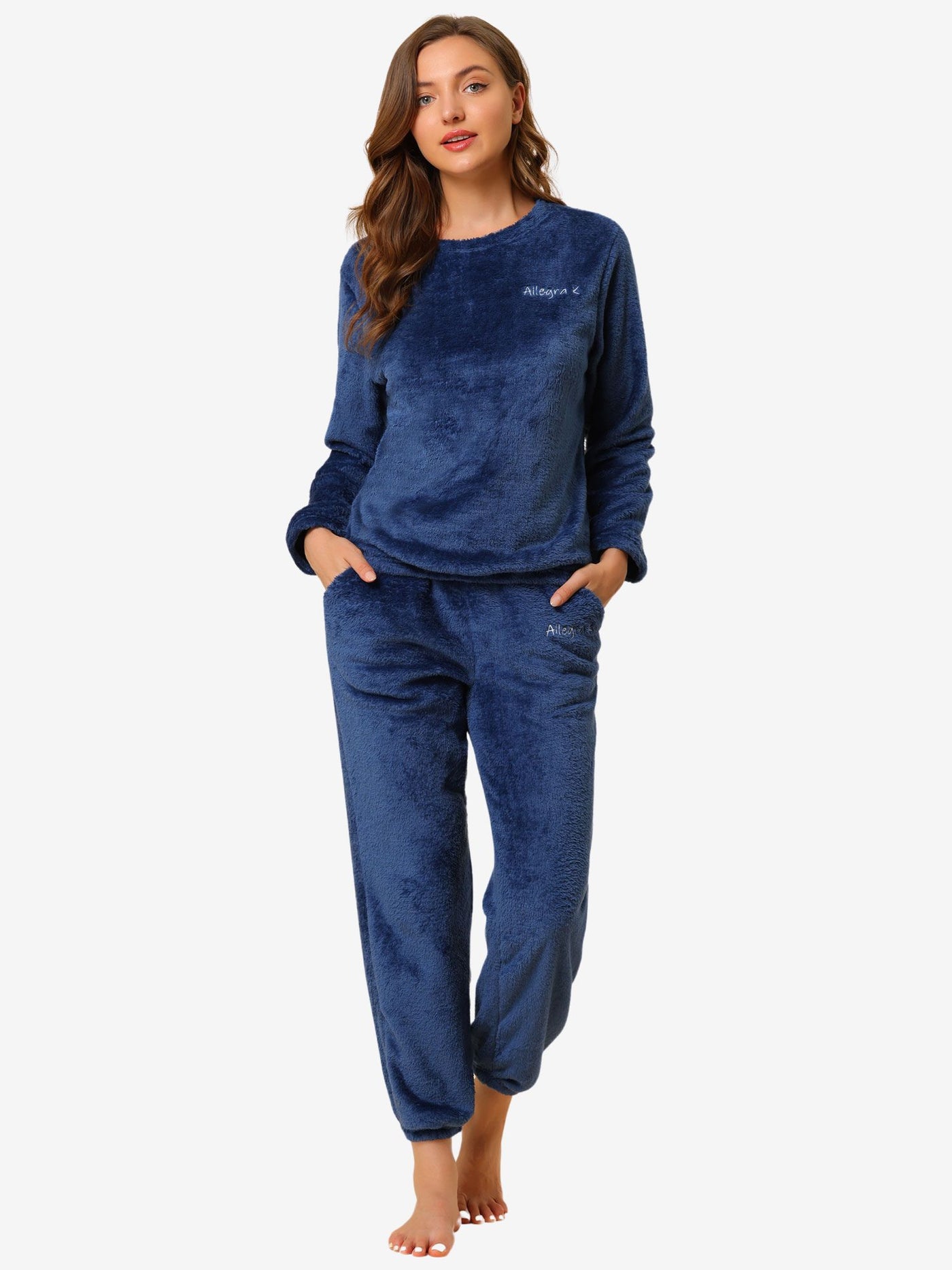 Allegra K Sleepwear Flannel Nightwear Winter Top Pants Pajamas Set