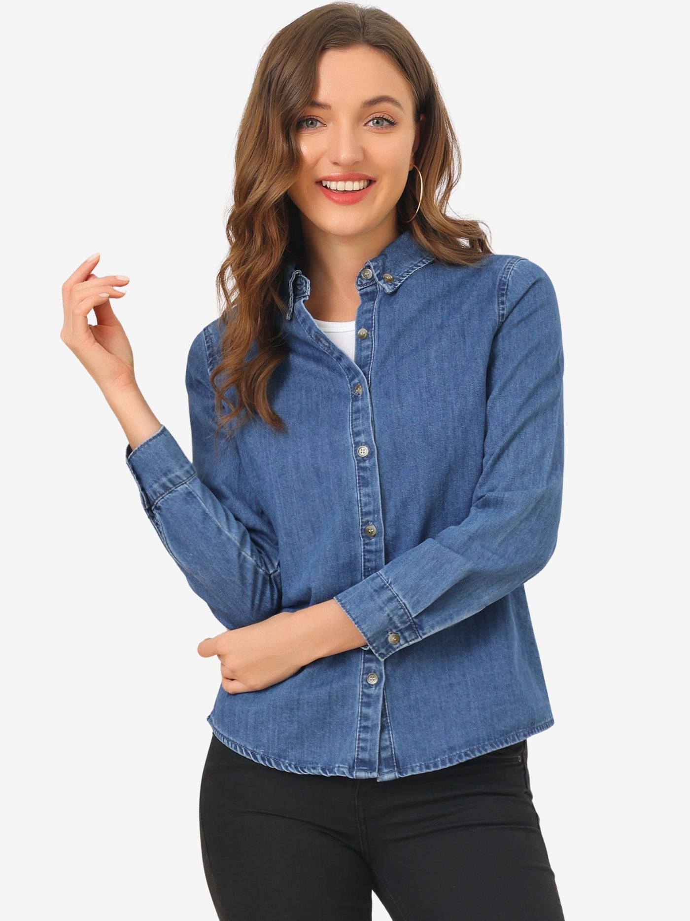 Allegra K Classic Long Sleeve Button Down Casual Loose Denim Shirt