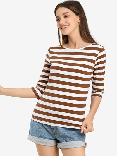 Casual Elbow Sleeve Round Neck Striped Printed T-Shirt