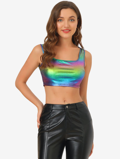 Sleeveless U Neck Party Holographic Shiny Metallic Crop Top