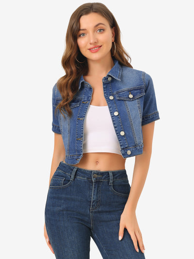 Casual Lapel Short Sleeve Crop Top Jean Denim Jacket