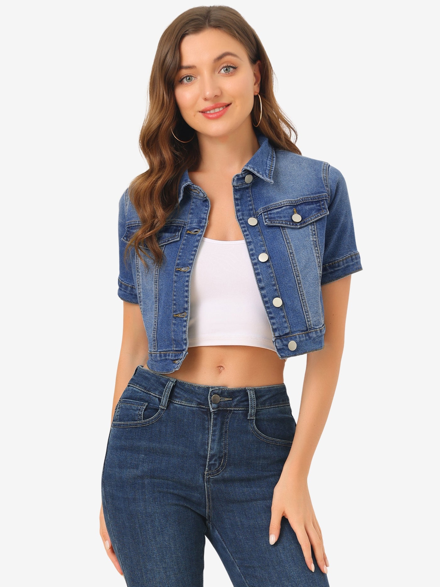 Allegra K Casual Lapel Short Sleeve Crop Top Jean Denim Jacket