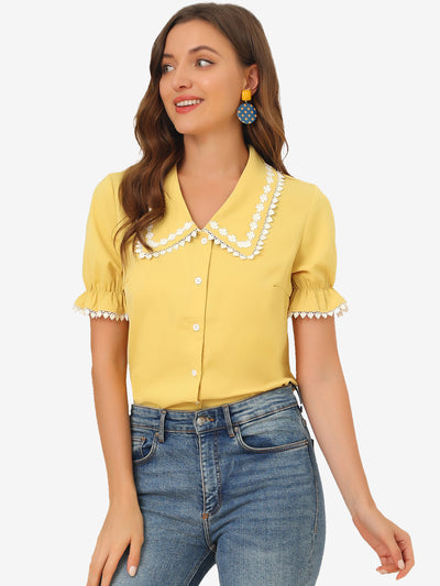 Sweet Peter Pan Contrast Collar Short Sleeve Button Up Blouse Tops