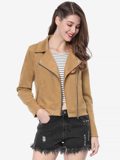 Faux Suede Casual Short Soft Zip Up Biker Moto Jacket