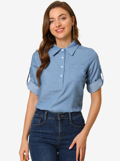 Half Button Front Casual 3/4 Roll Up Sleeve Chambray Blouse