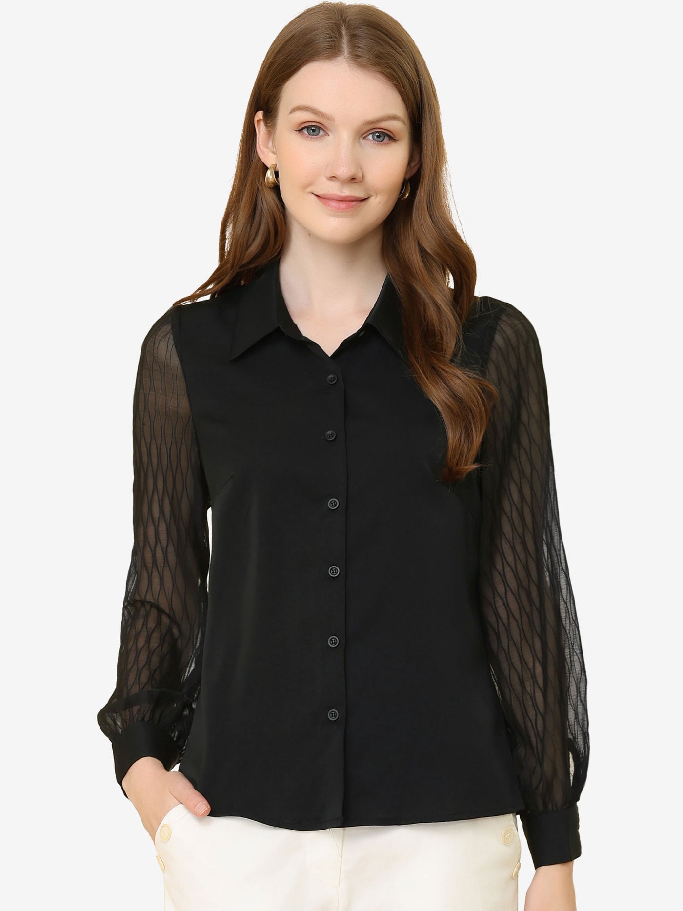 Allegra K Button Down Shirt Sheer Sleeve Point Collar Work Tops