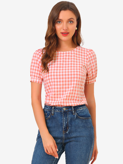 Vintage Blouse Plaid Crew Neck Puff Sleeve Casual Gingham Tops