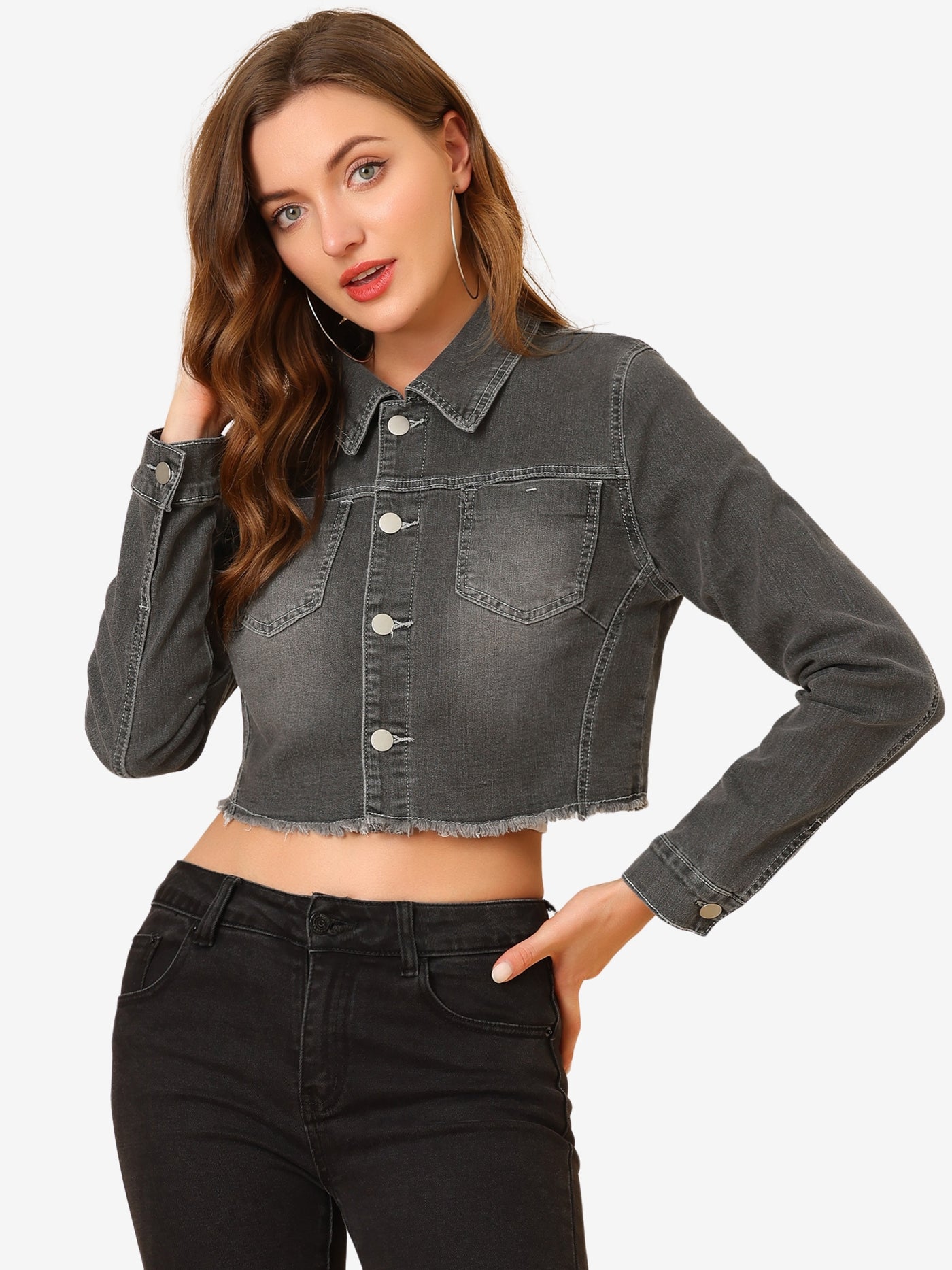 Allegra K Trendy Frayed Button Up Washed Cropped Denim Jacket