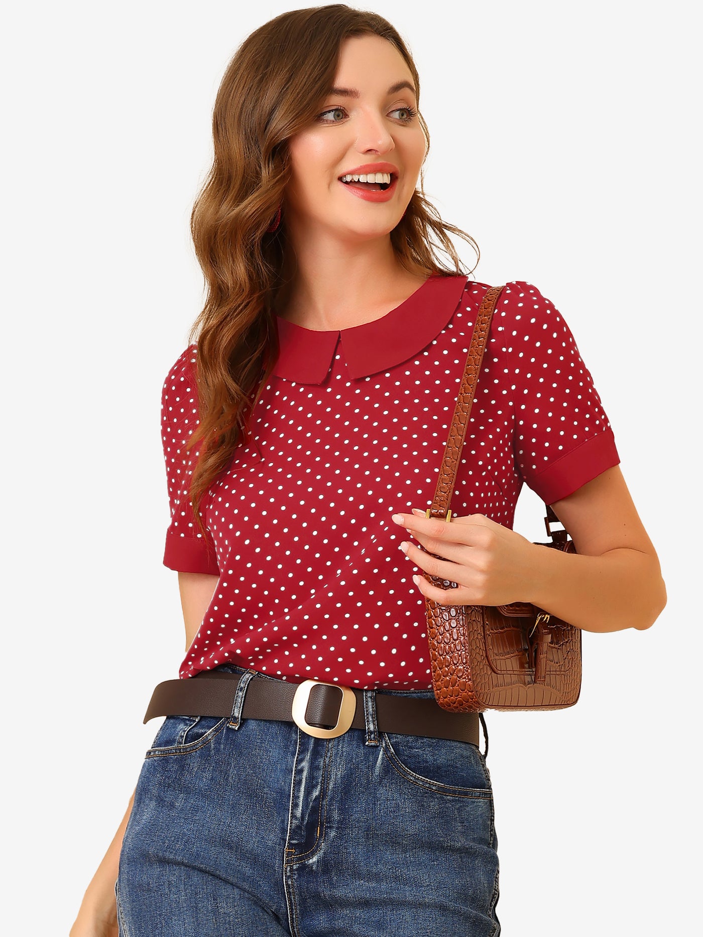 Allegra K Peter Pan Collar Vintage Polka Dots Short Sleeves Blouse