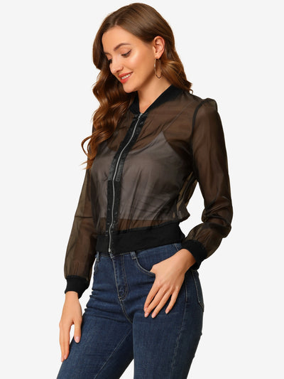 Zip Up See Through Lightweight Long Sleeve Mesh Bomber Jacket