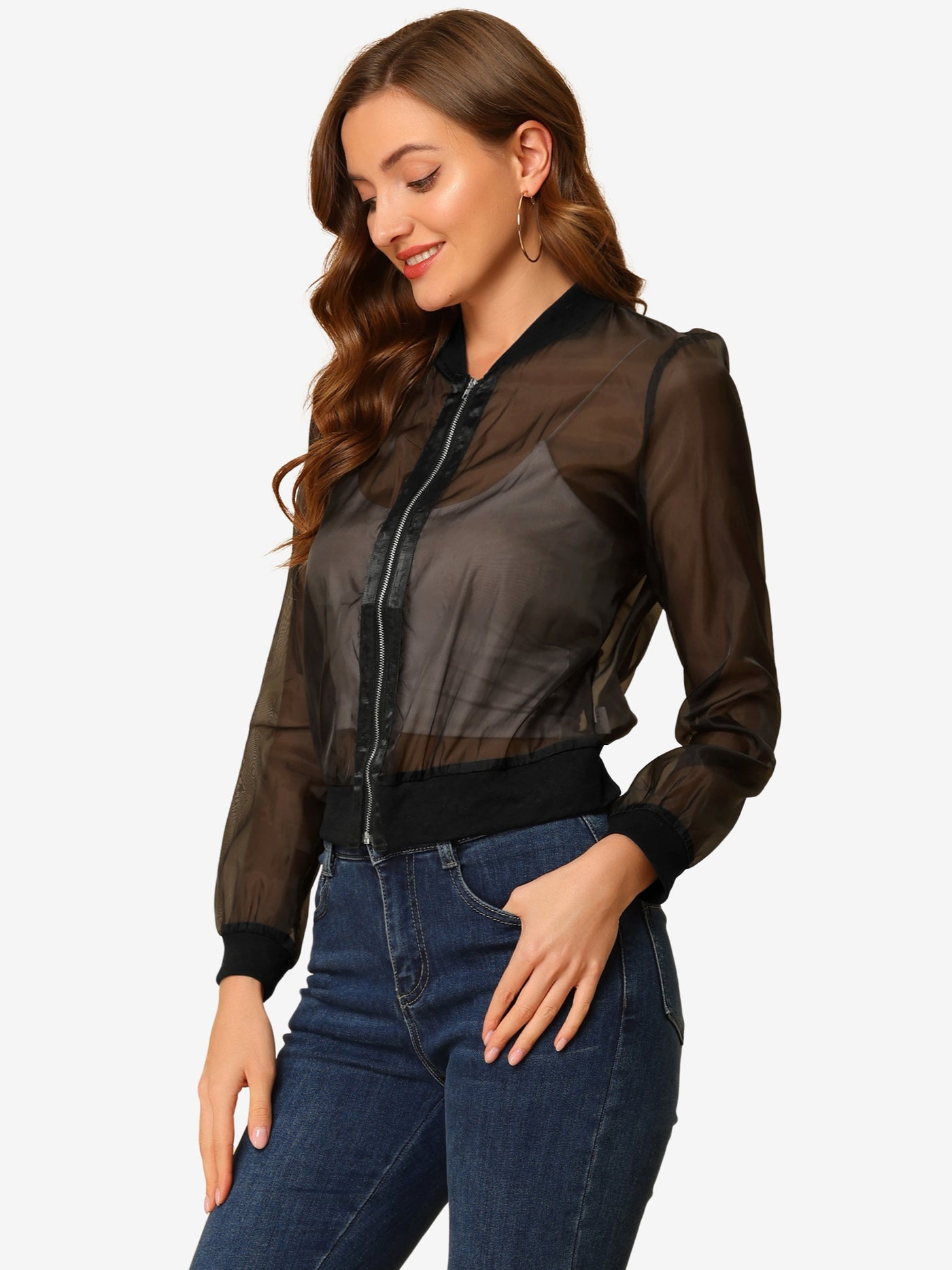 Allegra K Zip Up See Through Lightweight Long Sleeve Mesh Bomber Jacket