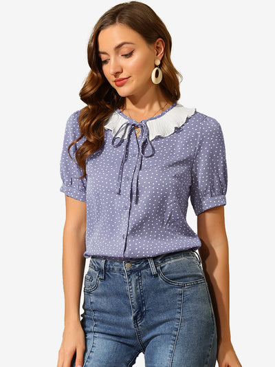 Polka Dots Button Up Tie Neck Peter Pan Collar Blouse