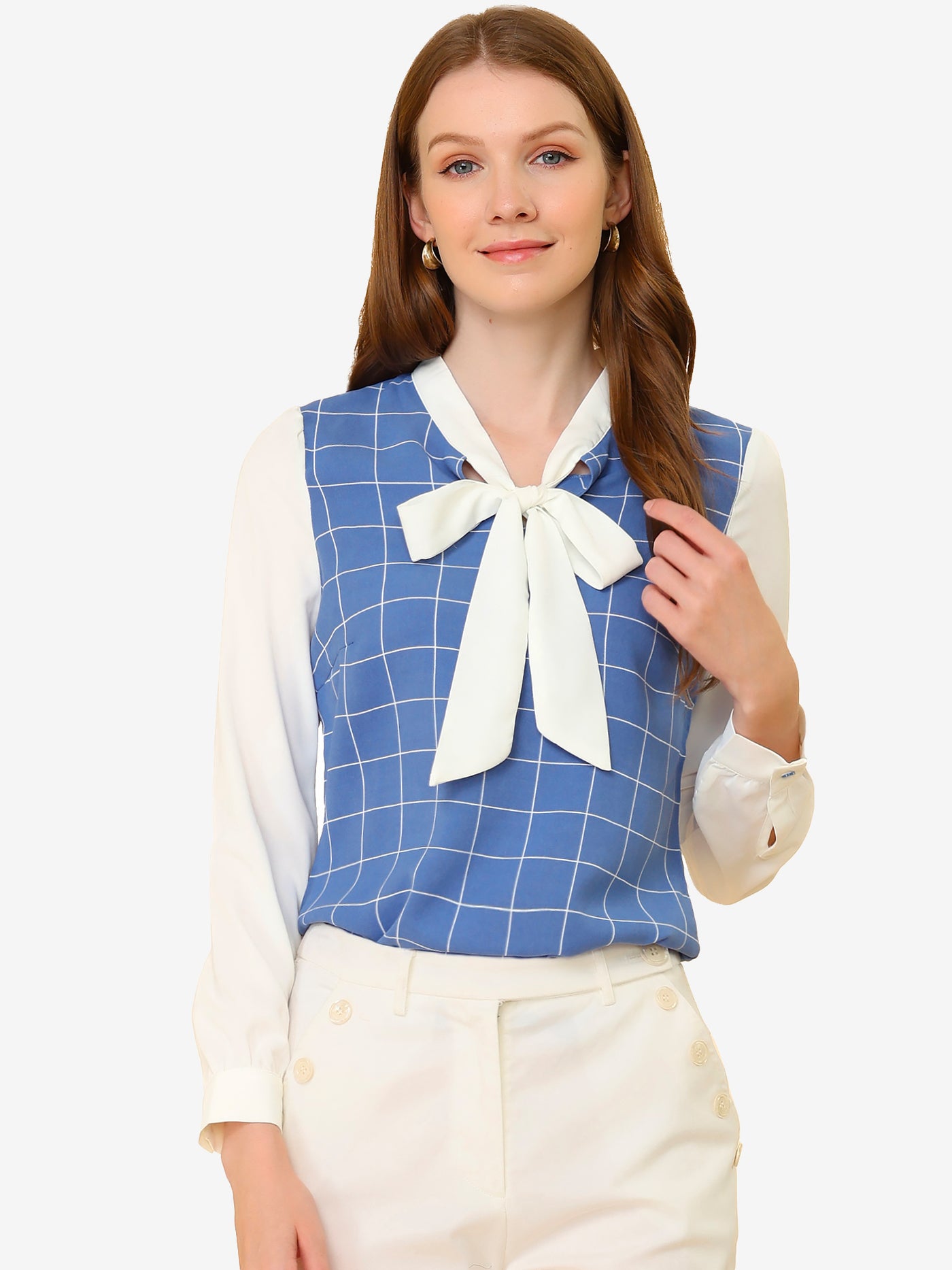 Allegra K Work Plaid Contrast Color Bow Tie Neck Long Sleeve Blouse