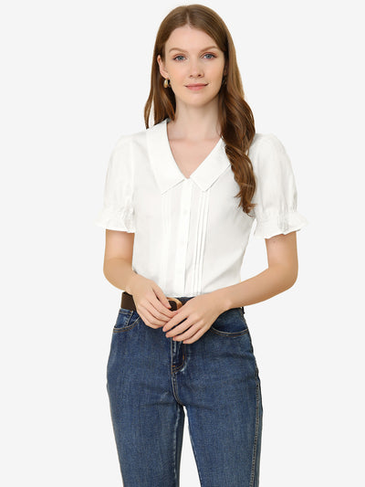 Button Down Shirt Pleated Short Sleeve V Neck Top