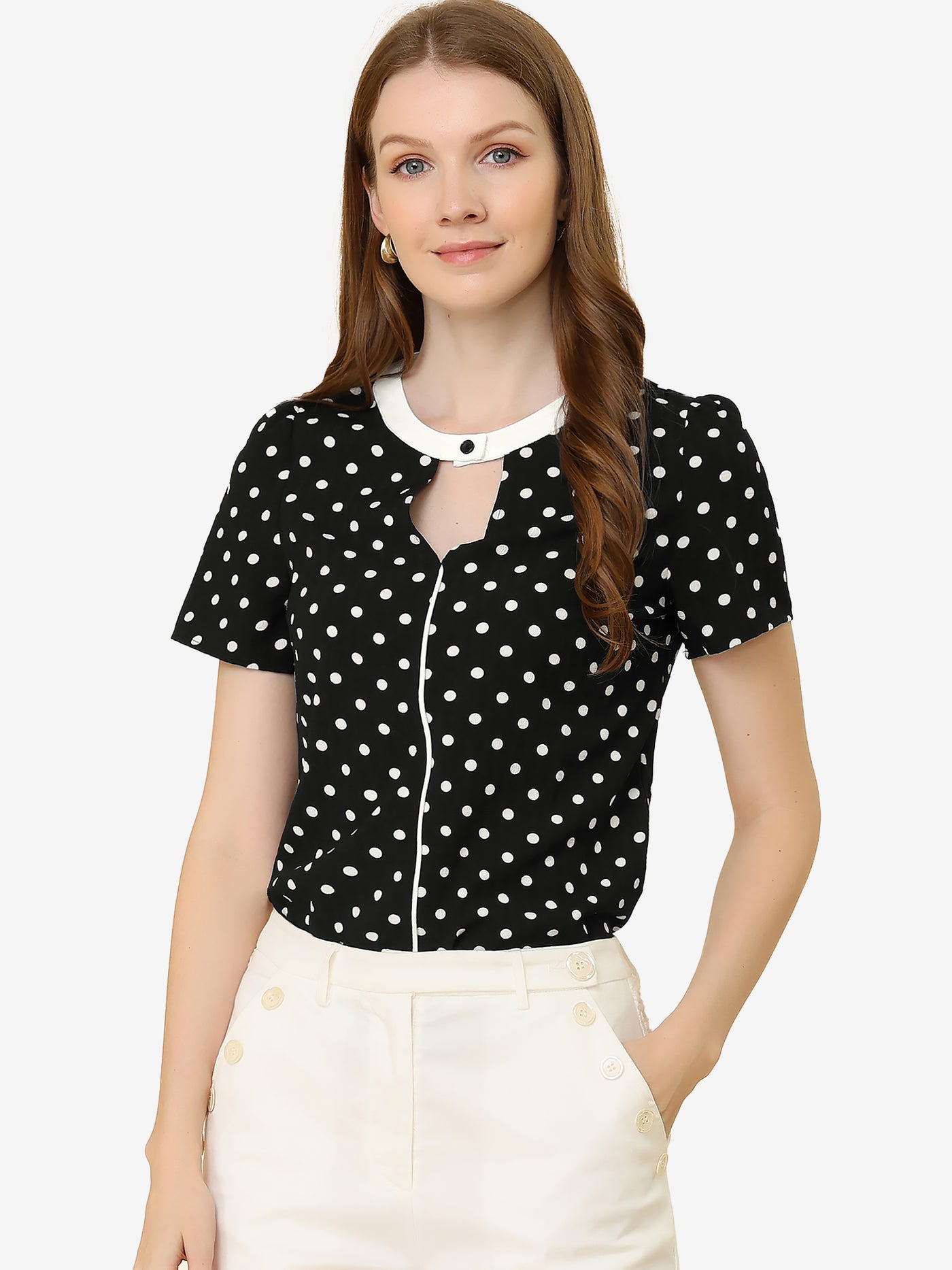 Allegra K Short Sleeve Contrast Round Neck Keyhole Polka Dot Blouse