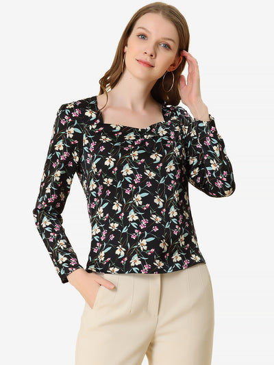 Allegra K Casual Heart Neck Long Sleeve Floral Blouse Top