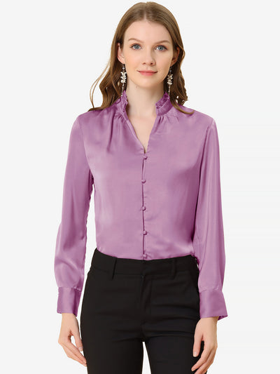 Ruffled Stand Collar Shirt Long Sleeve Button Elegant Satin Blouse