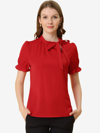 Allegra K Bow Tie Neck Elegant Office Short Sleeve Blouse