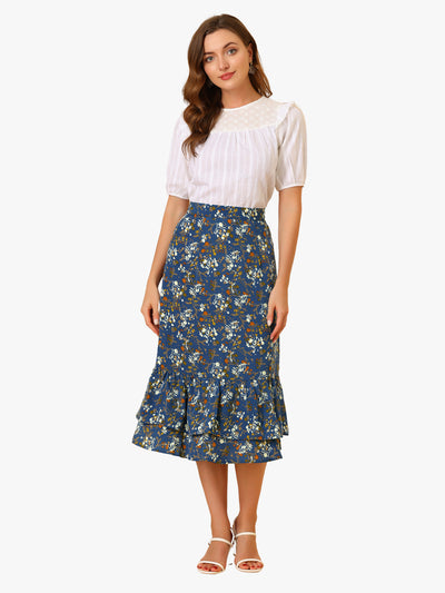 Printed Chiffon Elastic Waist Ruffle Tiered Flowy Midi Skirt