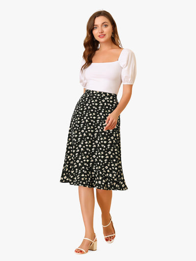 Floral Ruffle Elastic High Waist Button Flowy Split Midi Skirt