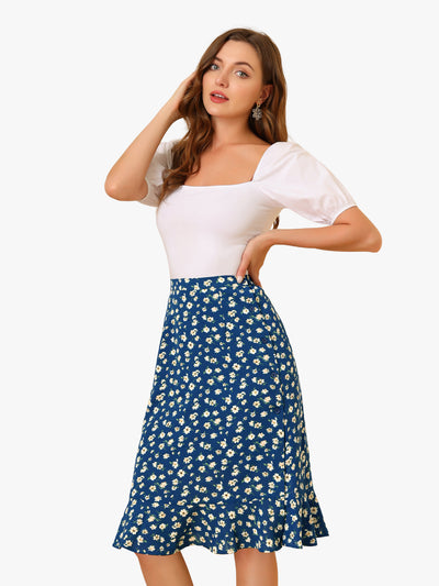 Floral Ruffle Elastic High Waist Button Flowy Split Midi Skirt