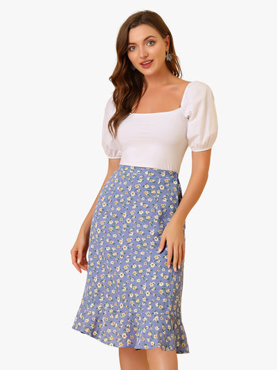 Floral Ruffle Elastic High Waist Button Flowy Split Midi Skirt