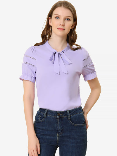 Bow Tie Collar Short Sleeve Elegant Office Workwear Blouse