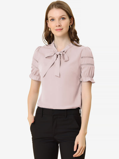 Bow Tie Collar Short Sleeve Elegant Office Workwear Blouse