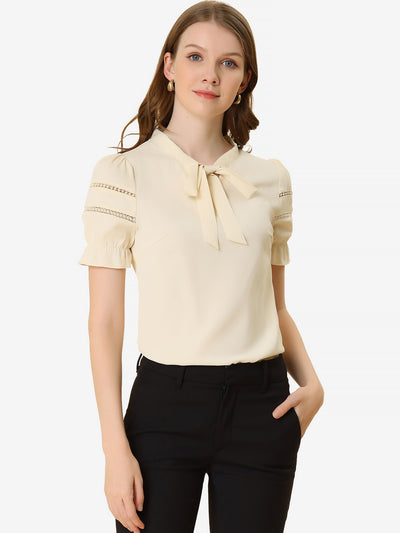 Bow Tie Collar Short Sleeve Elegant Office Workwear Blouse