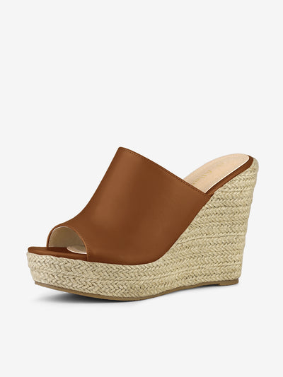 PU Leather Open Toe Espadrille Wedge Platform Mules