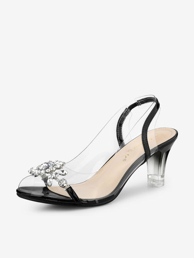 Clear Slingback Flower Rhinestone Peep Toe Heel Sandals